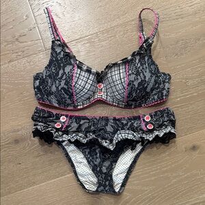 Vintage Betsey Johnson Lace And Plaid Ruffle Bikini